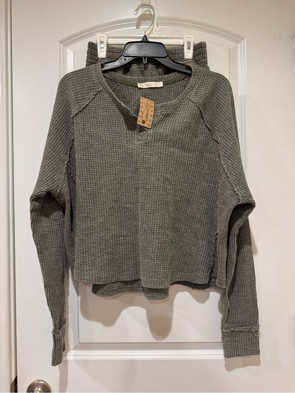 Women’s Waffle Knit Long Sleeve Top & Shorts set
in Olive